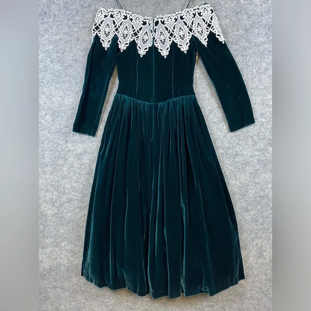 Jessica McClintok Vintage Velvet Lace‎ and Beaded Dress 4 Green 80’s Petticoat - Picture 8 of 12